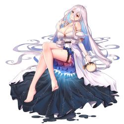 Rule 34 | 1girl, absurdly long hair, ark order, bare legs, barefoot, blue hair, blush, breasts, bridal garter, cleavage, crossed legs, detached sleeves, dress, feet, fish, gold, hair between eyes, head tilt, highres, jewelry, large breasts, long hair, lucetia (ark order), multicolored hair, necklace, parted lips, puffer fish, puffy short sleeves, puffy sleeves, red eyes, ring, short sleeves, sidelocks, silver hair, simple background, sitting, solo, strapless, strapless dress, toes, very long hair, wavy hair, white background, white dress, you ni ge shaobing