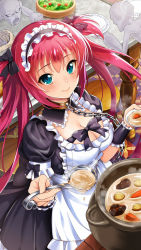 Rule 34 | 1girl, airi (queen&#039;s blade), airi (queen&#039;s blade unlimited), apron, black bow, black dress, black ribbon, blue eyes, bow, bowtie, breasts, chain, cleavage, cleavage cutout, closed mouth, clothing cutout, collar, cooking, dress, food, frilled dress, frilled sleeves, frills, from above, ghost, hair ribbon, hands up, highres, holding, indoors, long hair, looking at viewer, maid, maid apron, maid headdress, medium breasts, official art, pleated dress, pot, puffy short sleeves, puffy sleeves, queen&#039;s blade, queen&#039;s blade unlimited, queen&#039;s blade white triangle, red hair, ribbon, sash, short dress, short sleeves, sidelocks, smile, solo, soup, soup ladle, standing, straight hair, table, twintails, two side up, white apron, white sash, wrist cuffs