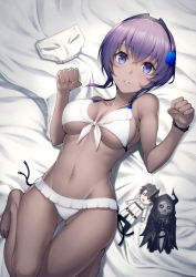 Rule 34 | 1girl, bed sheet, bikini, black hairband, blush, breasts, character doll, dark-skinned female, dark skin, fate/grand order, fate/prototype, fate/prototype: fragments of blue and silver, fate (series), flower, fujimaru ritsuka (male), hair between eyes, hair flower, hair ornament, hairband, hassan of serenity (fate), king hassan (fate), kyoeiki, looking at viewer, lying, mask, medium breasts, navel, on back, parted bangs, purple eyes, purple hair, short hair, skull mask, smile, solo, swimsuit, thighs, toy, white bikini