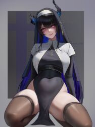 Rule 34 | 1girl, absurdres, alternate costume, asymmetrical horns, black hair, black horns, black thighhighs, blue hair, border, breasts, closed mouth, coif, colored inner hair, commentary, covered navel, demon horns, english commentary, glowing, glowing eyes, grey border, habit, hair between eyes, hair ornament, highres, hololive, hololive english, horns, jewelry, large breasts, lazik 1337, long hair, long sleeves, looking at viewer, mole, mole under eye, multicolored hair, necklace, nerissa ravencroft, nun, outside border, pelvic curtain, pink eyes, seiza, sitting, slit pupils, smile, solo, spread legs, thighhighs, twitter username, two-tone hair, uneven horns, very long hair, virtual youtuber