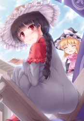 Rule 34 | 2girls, ajirogasa, apron, ass, bench, black footwear, black hair, black vest, blonde hair, blue sky, blush, braid, braided ponytail, broken, capelet, closed eyes, clothes writing, cloud, commentary request, dango, day, dress, earlobes, embarrassed, food, grey dress, hat, high collar, highres, holding, holding food, kirisame marisa, long earlobes, long sleeves, looking at viewer, looking back, looking down, lzh, multiple girls, outdoors, parted lips, pink scarf, red eyes, red legwear, sandals, scarf, shirt, sky, standing, sweat, touhou, twin braids, vest, wagashi, waist apron, wavy mouth, weight conscious, white shirt, witch hat, yatadera narumi