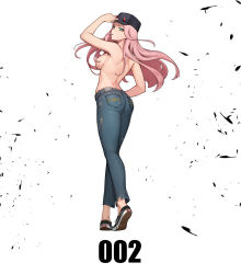 Rule 34 | 1girl, absurdres, ass, breasts, candy, character name, darling in the franxx, denim, food, from behind, full body, green eyes, hairband, hat, highres, horns, horns through headwear, jeans, lollipop, long hair, looking at viewer, mouth hold, oni horns, pants, peachpa, pink hair, shoes, solo, standing, topless, zero two (darling in the franxx)