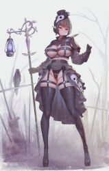 Rule 34 | 1girl, absurdres, animal, artist name, bird, black hair, boots, bow, bowtie, branch, breasts, capelet, commentary, crown, elf, feathers, full body, garter straps, gloves, hair bun, hat, highleg, highres, holding, lantern, large breasts, long sleeves, looking at viewer, mini hat, mole, mole under eye, original, overskirt, plague doctor mask, pointy ears, revealing clothes, shiny skin, suerte, thigh boots, thighs, tree
