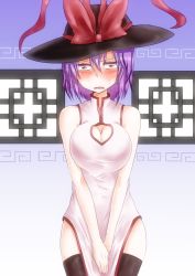 Rule 34 | 1girl, alternate costume, black thighhighs, blush, bow, breasts, china dress, chinese clothes, cleavage, cleavage cutout, clothing cutout, constricted pupils, dress, embarrassed, female focus, hat, hat bow, large breasts, nagae iku, open mouth, purple hair, red eyes, short hair, solo, takorice, thighhighs, touhou, v arms