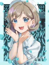 Rule 34 | 1girl, absurdres, birthday, blush, bracelet, commentary, confetti, dated, earrings, english text, glowstick, happy birthday, hat, highres, jewelry, kyaku tasu, looking at viewer, love live!, love live! superstar!!, short hair, short sleeves, smile, solo, star (symbol), star earrings, tang keke, upper body