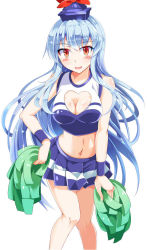 Rule 34 | 1girl, blue hair, blush, breasts, cheerleader, cleavage, cleavage cutout, clothing cutout, crop top, e.o., female focus, hand on own hip, hat, heart, heart cutout, kamishirasawa keine, large breasts, long hair, midriff, miniskirt, navel, open mouth, pom pom (cheerleading), red eyes, silver hair, skirt, smile, solo, touhou, very long hair, wrist wrap