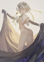 Rule 34 | 1girl, ass, bell, black gloves, blonde hair, blush, bottomless, breasts, capelet, christmas, club3, elbow gloves, fate/grand order, fate (series), from behind, gloves, hair ribbon, headpiece, highres, jeanne d&#039;arc alter (fate), jeanne d&#039;arc (fate), jeanne d&#039;arc alter santa lily (fate), looking at viewer, looking back, ribbon, short hair, sideboob, signature, small breasts, smile, solo, yellow eyes