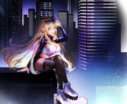 Rule 34 | 1girl, absurdres, ahoge, arielle (vtuber), artist request, blonde hair, blue eyes, blush, breasts, building, city, fingernails, full body, heart, heart ahoge, highres, jacket, large breasts, latex, long hair, looking at viewer, multicolored hair, sharp fingernails, shoes, sitting, smile, sunglasses on head, thighhighs, torn clothes, torn legwear, virtual youtuber