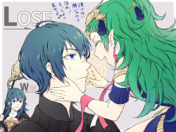 Rule 34 | 1boy, 2girls, bad id, bad twitter id, blue eyes, blue hair, braid, byleth (female) (fire emblem), byleth (fire emblem), byleth (male) (fire emblem), closed eyes, closed mouth, fire emblem, fire emblem: three houses, from side, green hair, grey background, grin, hair ornament, holding, long hair, multiple girls, nintendo, open mouth, pointy ears, polearm, ribbon braid, short hair, side braid, simple background, single braid, smile, sothis (fire emblem), super smash bros., tiara, totototope, weapon
