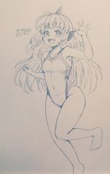 Rule 34 | 1girl, alternate costume, bare legs, barefoot, blush, breasts, collarbone, commentary request, competition swimsuit, covered navel, d-m (dii emu), dated, eyelashes, fang, greyscale, highres, komano aunn, looking at viewer, monochrome, one-piece swimsuit, open mouth, signature, sketch, small breasts, swimsuit, toes, touhou, traditional media