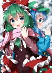 Rule 34 | 2girls, blue eyes, blue hair, blue jacket, blurry, blurry background, blush, closed mouth, dress, enpera, flat cap, front ponytail, green hair, green headwear, hair between eyes, happy, hat, highres, holding hands, interlocked fingers, jacket, kagiyama hina, kawashiro nitori, long hair, long sleeves, multiple girls, one-hour drawing challenge, open mouth, outdoors, pink scarf, red dress, ruu (tksymkw), scarf, shared clothes, shared scarf, smile, snowing, touhou, upper body