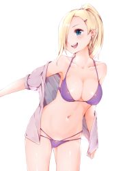 Rule 34 | 1girl, :d, arm at side, azuki (krps-hano), backlighting, bad id, bikini, bikini under clothes, blonde hair, blue eyes, breasts, cleavage, collarbone, cowboy shot, earrings, hair ornament, hair over one eye, hairclip, halterneck, highres, jewelry, large breasts, leaning forward, legs apart, long hair, looking back, manatsuki manata, multi-strapped bikini bottom, naruto, naruto (series), navel, off shoulder, one eye covered, open clothes, open mouth, open shirt, outstretched arm, ponytail, puffy short sleeves, puffy sleeves, purple bikini, shirt, short sleeves, simple background, smile, solo, stomach, string bikini, stud earrings, swimsuit, white background, yamanaka ino