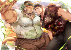 Rule 34 | 2boys, arsalan (housamo), bara, beard, belt, black belt, black hair, black pants, black shirt, brown pants, closed mouth, facial hair, fire, flaming halo, furry, furry male, green hair, halo, large pectorals, lion boy, male focus, mature male, multiple boys, muscular, muscular male, one eye closed, pants, pectorals, shirt, short hair, smile, stubble, teeth, tokyo houkago summoners, wafu (youzora samo18), white shirt, zabaniyya (housamo)