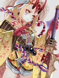 Rule 34 | 1girl, :3, beads, blonde hair, claws, earrings, facial mark, fangs, fate/grand order, fate (series), floral print, grey background, hair ornament, highres, holding, holding sword, holding weapon, horns, ibaraki douji (fate), japanese clothes, jewelry, long hair, long sleeves, looking to the side, markings, oni, oni horns, pointy ears, prayer beads, rope, ruisento, sharp nails, shimenawa, simple background, slit pupils, smile, solo, sword, weapon, wide sleeves, yellow eyes