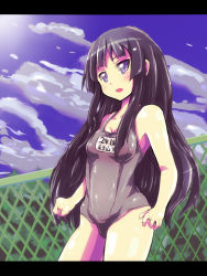 Rule 34 | 1girl, akiyama mio, black hair, blue eyes, chain-link fence, fence, k-on!, letterboxed, long hair, one-piece swimsuit, open mouth, school swimsuit, solo, swimsuit, tanashi (mk2)