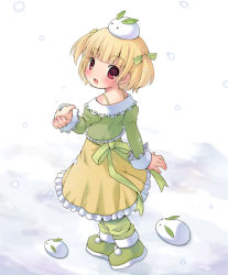 Rule 34 | 1girl, bad id, bad pixiv id, bare shoulders, blonde hair, dress, full body, looking back, mizuno mumomo, original, pants, red eyes, short hair, smile, snow, snow rabbit, solo, twintails, two side up, white background, yellow dress