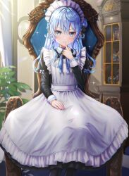 Rule 34 | 1girl, absurdres, apron, black dress, blue eyes, blue hair, blue ribbon, blush, commentary request, dress, earrings, feet out of frame, finger to mouth, finger to own chin, fingernails, hair bun, hand on own thigh, highres, hololive, hoshimachi suisei, jewelry, juliet sleeves, long dress, long hair, long sleeves, looking at viewer, maid, maid apron, maid headdress, neck ribbon, official alternate hair length, official alternate hairstyle, on chair, puffy sleeves, revision, ribbon, single side bun, sitting, smile, solo, star (symbol), star in eye, symbol in eye, victorian maid, virtual youtuber, wajuniorbox, white apron