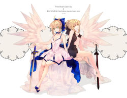 Rule 34 | 2girls, ahoge, angel wings, arm garter, arm support, artist name, artoria pendragon (all), artoria pendragon (fate), bare legs, bare shoulders, barefoot, black one-piece swimsuit, blonde hair, bow, braid, character name, choker, collarbone, dress, dual persona, excalibur (fate/stay night), excalibur morgan (fate), fate/hollow ataraxia, fate/stay night, fate/unlimited codes, fate (series), green eyes, hachini, hair bow, hair bun, knees together feet apart, large bow, long hair, looking at viewer, multiple girls, official alternate costume, official alternate hairstyle, one-piece swimsuit, ponytail, saber (fate), saber (pure night dress) (fate), saber alter, saber lily, simple background, single hair bun, sitting, sleeveless, sleeveless dress, swimsuit, sword, weapon, white background, white dress, wings, yellow eyes