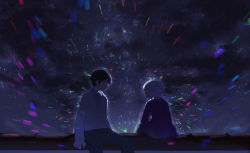 Rule 34 | 2boys, black hair, collared shirt, eye contact, glasses, glowing, kuga yuuma, light particles, long sleeves, looking at another, looking away, looking to the side, male focus, mikumo osamu, mirin chikuwa, multiple boys, night, night sky, pants, profile, red eyes, shirt, sitting, sky, star (sky), starry sky, sweater, white hair, world trigger