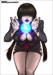 Rule 34 | 1girl, bent over, breasts, brown hair, cleavage, cleavage cutout, clothing cutout, cropped jacket, electricity, energy ball, fatal fury, hair over eyes, large breasts, leotard, lipstick, long hair, makeup, miniskirt, nail polish, purple lips, red nails, risdead, shermie (kof), skindentation, skirt, solo, standing, tan, the king of fighters, twintails