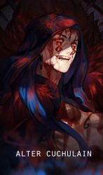 Rule 34 | 1boy, absurdres, bk (aaide114), blood, blood on face, blue hair, bodypaint, character name, cu chulainn (fate), cu chulainn (fate) (all), cu chulainn (fate/stay night), cu chulainn alter (fate), cu chulainn alter (fate/grand order), dark persona, earrings, facepaint, fate/grand order, fate (series), fur, grin, highres, hood, hood up, jewelry, lancer, long hair, male focus, open mouth, red eyes, sharp teeth, slit pupils, smile, solo, teeth, type-moon