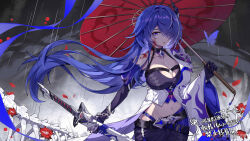 Rule 34 | 1girl, acheron (honkai: star rail), belt, black belt, black gloves, black shorts, blood, blood on face, blood on shoulder, breasts, chain, chain around arm, chinese commentary, cleavage, collarbone, commentary request, cowboy shot, elbow gloves, flower, gloves, hair intakes, hair ornament, hair over one eye, highres, holding, holding sword, holding umbrella, holding weapon, honkai: star rail, honkai (series), large breasts, long hair, looking at viewer, midriff, miyoushe watermark, multicolored hair, navel, oil-paper umbrella, parted lips, purple eyes, purple hair, red flower, red petals, scabbard, sheath, sheathed, shorts, single elbow glove, single wide sleeve, solo, standing, streaked hair, sword, translation request, umbrella, weapon, yixiangshou