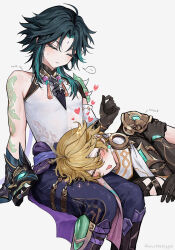 Rule 34 | ..., 2boys, aether (genshin impact), arm tattoo, bead necklace, beads, black gloves, black hair, blonde hair, blush, closed eyes, closed mouth, earrings, facial hair, facial mark, forehead mark, genshin impact, gloves, heart, highres, jewelry, keusthedoggie, lap pillow, lying, male focus, mask, multicolored hair, multiple boys, necklace, on side, open mouth, simple background, single earring, sitting, sparkle, spoken ellipsis, sweat, tattoo, xiao (genshin impact)