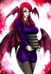 Rule 34 | 1girl, bat wings, bespectacled, blush, book, breast rest, breasts, business suit, female focus, formal, glasses, head wings, itsuku, koakuma, large breasts, long hair, necktie, pantyhose, pencil skirt, red eyes, red hair, skirt, solo, suit, embodiment of scarlet devil, touhou, wings