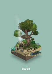 Rule 34 | absurdres, aqua background, bird, bone, boulder, campfire, commentary request, cooking, diorama, fish, gozz, highres, isometric, original, sitting, skull, sos, stairs, steam, tree, treehouse