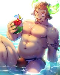Rule 34 | 1boy, abs, american football, animal ears, ball, bara, blush, brown hair, brown male underwear, bulge, coconut, facial hair, feathers, feet out of frame, fiery horns, forked eyebrows, glowing horns, goatee, highres, horns, jockstrap, large pectorals, male focus, male underwear, manly, muscular, navel, nipples, pectorals, rugby ball, short hair, sideburns, smile, solo, thick eyebrows, thick thighs, thighs, tokyo houkago summoners, topless male, underwear, wakan tanka, waku (ayamix), water, wet