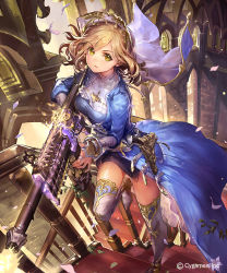 Rule 34 | &gt;:(, 10s, 1girl, black skirt, blonde hair, boots, breasts, closed mouth, collet (shingeki no bahamut), company name, feathers, frown, gun, holding, holding gun, holding weapon, jewelry, liiko (lodougal), railing, rifle, ring, shingeki no bahamut, skirt, solo, stairs, standing, standing on one leg, thigh boots, thighhighs, v-shaped eyebrows, veil, watermark, weapon, white thighhighs, yellow eyes