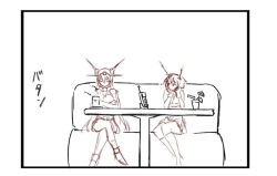 Rule 34 | 10s, 2girls, comic, couch, crossed arms, crossed legs, cup, closed eyes, glasses, hands on own cheeks, hands on own face, headgear, kantai collection, kneehighs, long hair, looking at another, michimoyo, monochrome, multiple girls, mutsu (kancolle), nagato (kancolle), phone, pleated skirt, short hair, sketch, skirt, sleeveless, socks, table, teacup, yunomi