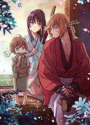 1girl 294_mori 2boys barefoot black_hair blue_eyes blue_kimono brown_hair child closed_mouth collarbone commentary_request cross_scar dated facial_scar falling_petals family father_and_son floral_print floral_print_kimono green_kimono hakama hakama_pants high_ponytail highres himura_kenji himura_kenshin holding husband_and_wife japanese_clothes kamiya_kaoru katana kimono long_hair long_sleeves looking_at_another low_ponytail mother_and_son multiple_boys orange_hair pants petals print_kimono purple_eyes red_kimono rurouni_kenshin sash scar scar_on_cheek scar_on_face sheath sheathed short_hair sidelocks sitting smile standing sword twitter_username weapon white_hakama