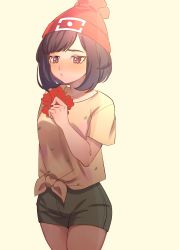 Rule 34 | 1girl, absurdres, beanie, blush, brown hair, closed mouth, collarbone, commentary request, creatures (company), eyelashes, floral print, flower, game freak, green shorts, hand up, hat, highres, holding, holding flower, medium hair, nintendo, pokemon, pokemon sm, red flower, red hat, selene (pokemon), shirt, short shorts, short sleeves, shorts, solo, t-shirt, tied shirt, yellow shirt, yoshiyoshiwa