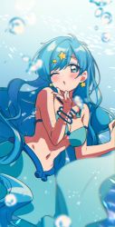 Rule 34 | 1girl, blowing kiss, blue background, blue eyes, blue hair, blush, bracelet, breasts, commentary request, earrings, fins, fish tail, hair ornament, highres, houshou hanon, in water, jewelry, mermaid, mermaid melody pichi pichi pitch, monster girl, necklace, ocean, one eye closed, pearl bracelet, pearl necklace, shell, solo, star (symbol), star earrings, star hair ornament, tail, underwater, yumesaki nana
