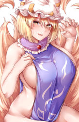 Rule 34 | 1girl, :d, animal hat, blonde hair, breasts, fox tail, hat, highres, huge breasts, looking at viewer, mirufui, mob cap, multiple tails, naked tabard, open mouth, short hair, sideboob, simple background, sitting, smile, solo, sweatdrop, tabard, tail, touhou, white background, white hat, yakumo ran, yellow eyes