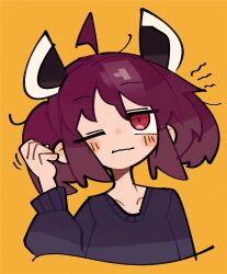 Rule 34 | 1girl, adpx, ahoge, black sweater, blade, blush stickers, brown hair, closed mouth, collarbone, cropped torso, hair strand, hand up, headgear, highres, long sleeves, one eye closed, red eyes, scratching head, short twintails, simple background, sleepy, solo, sweater, touhoku kiritan, twintails, voiceroid, waking up, wavy mouth, yellow background