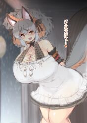 Rule 34 | 1girl, animal ears, arms behind back, bare shoulders, black ribbon, blurry, blurry background, blush, breasts, brown eyes, cleavage, cowboy shot, curvy, dot nose, dress, eyelashes, fangs, female focus, ginzake (mizuumi), grey hair, hair ribbon, heart, huge breasts, indoors, island fox (kemono friends), japanese text, kemono friends, kemono friends v project, knees together feet apart, leaning forward, looking at viewer, open mouth, rain, ribbon, shiny skin, slit pupils, solo, standing, thick thighs, thighs, translation request, virtual youtuber, white dress, wide hips
