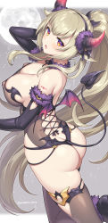 Rule 34 | 1girl, absurdres, ass, bare shoulders, blonde hair, blush, breasts, butt crack, cleavage, commission, covered erect nipples, demon girl, demon horns, demon tail, demon wings, fur-trimmed gloves, fur collar, fur trim, gloves, gomashio ponz, hairband, highres, horns, large breasts, leotard, long hair, looking at viewer, open mouth, original, see-through, sidelocks, skeb commission, skindentation, solo, tail, tattoo, thighhighs, thighs, wings