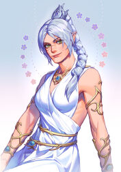 Rule 34 | 1girl, armpits, baldur&#039;s gate, baldur&#039;s gate 3, bare shoulders, blue background, bracelet, braid, braided ponytail, breasts, brooch, circlet, cleavage, cropped legs, dress, dungeons &amp; dragons, elf, flower, green eyes, hair ornament, highres, jewelry, long braid, long hair, looking at viewer, medium breasts, mella, necklace, official alternate hair color, pointy ears, scar, scar on face, shadowheart (baldur&#039;s gate), simple background, smile, solo, white dress, white hair