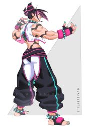 Rule 34 | 1girl, absurdres, black hair, collar, commentary, commission, fingerless gloves, from behind, gloves, han juri, highres, lais leite, looking back, martial arts belt, multicolored hair, muscular, muscular female, ponytail, purple hair, short hair, spiked collar, spikes, street fighter, street fighter 6, zipper