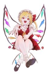 Rule 34 | 1girl, ascot, blonde hair, bobby socks, crossed legs, crystal, dal-gi, fangs, flandre scarlet, full body, hair between eyes, hat, highres, holding, long hair, looking at viewer, mob cap, nail polish, open mouth, ponytail, puffy short sleeves, puffy sleeves, red eyes, red nails, red skirt, red vest, short sleeves, side ponytail, simple background, skirt, skirt set, socks, solo, touhou, vest, white background, white hat, white socks, wings, yellow ascot