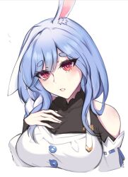 Rule 34 | 1girl, absurdres, animal ears, apron, black bodysuit, blue hair, blush, bodysuit, braid, braided ponytail, breasts, cleavage, detached sleeves, hand on own chest, highres, hololive, large breasts, long hair, looking at viewer, mature female, pekomama, rabbit-shaped pupils, rabbit ears, rabbit girl, red eyes, short eyebrows, solo, symbol-shaped pupils, vessel4rt, virtual youtuber, white apron, white background, white hair, white sleeves
