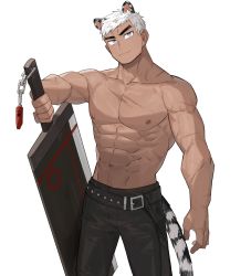 Rule 34 | 1boy, abs, animal ears, biceps, clenched hand, dark-skinned male, dark skin, denim, grey eyes, highres, jeans, jswon3232, leather, leather belt, looking to the side, male focus, muscular, muscular male, navel, nipples, original, pants, pectorals, scar, scar on arm, scar on chest, solo, spiked hair, sword, tail, tan, thick eyebrows, tiger ears, tiger tail, topless male, weapon, white background, white hair