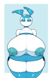 Rule 34 | 1girl, absurdres, android, blue hair, blush, breasts, highres, huge breasts, jenny wakeman, my life as a teenage robot, nipples, nsfwskully, thick thighs, thighhighs, thighs, twintails