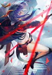 Rule 34 | 1girl, absurdres, arknights, blue hair, building, ch&#039;en (arknights), cityscape, day, dragon horns, dragon tail, falling, floating hair, hair between eyes, highres, holding, holding sword, holding weapon, horns, jacket, long hair, looking at viewer, outdoors, pink eyes, shirt, short shorts, shorts, sidelocks, solo, sword, tail, tarutaru yamaoka, thighs, weapon, white shirt, wind