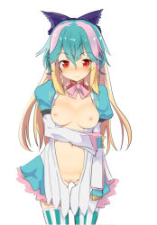 Rule 34 | 1girl, blonde hair, blush, breasts, caburi aki, cleft of venus, detached collar, dress, embarrassed, female focus, fingerless gloves, gloves, green hair, hair ornament, hair ribbon, holding own arm, little alice (wonderland wars), long hair, medium breasts, multicolored hair, navel, nipples, open clothes, open dress, pink hair, pussy, red eyes, ribbon, simple background, solo, standing, striped clothes, striped thighhighs, thighhighs, uncensored, vertical-striped clothes, vertical-striped thighhighs, wavy mouth, white background, wonderland wars