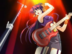 Rule 34 | 1990s (style), concert, garter straps, guitar, instrument, long hair, matsuoka chie, microphone, microphone stand, one eye closed, ponytail, retro artstyle, sentimental graffiti, solo, wink