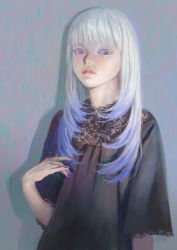 Rule 34 | 1girl, black dress, blue eyes, blue nails, blunt bangs, closed mouth, dress, grey background, highres, lips, long hair, looking at viewer, nail polish, original, pink lips, solo, tunapon01, upper body, white hair