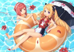 Rule 34 | 2girls, :d, bare arms, bare shoulders, barefoot, bikini, black bow, black umbrella, blonde hair, bow, casual one-piece swimsuit, commentary request, covered navel, crazy straw, cup, day, drink, drinking glass, drinking straw, elise (fire emblem), elise (summer) (fire emblem), feet, fire emblem, fire emblem fates, flower, flower wreath, frilled innertube, frilled umbrella, frills, hair bow, hairband, heart straw, holding, holding cup, innertube, long hair, multiple girls, nintendo, one-piece swimsuit, open mouth, orange innertube, outdoors, petals, pink bow, purple eyes, red eyes, red flower, red hair, sakura (fire emblem), smile, soles, swim ring, swimsuit, toes, transistor, twintails, umbrella, very long hair, water, white bikini, white hairband